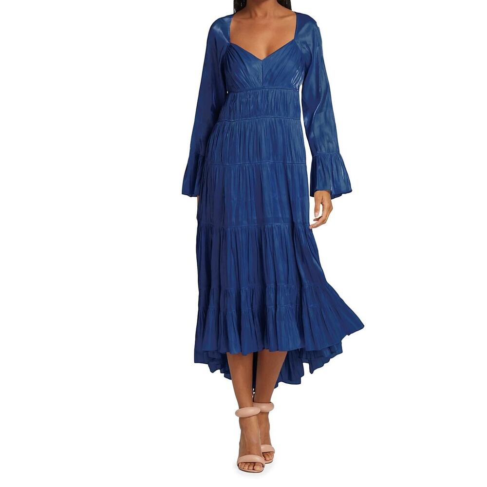 Blue Long-Sleeve Tiered Midi Dress
